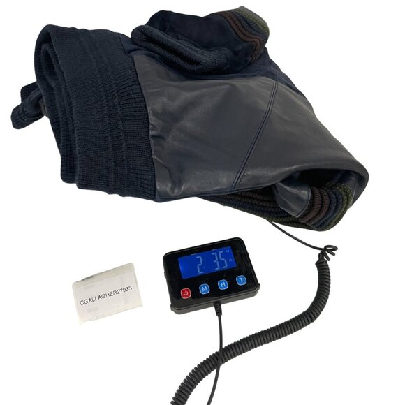 VTG Saxony Mens Sweater Jacket Size M Genuine Leather Acrylic Black Knit Hip Hop - Picture 9 of 9